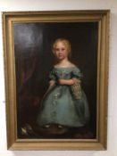 AN UNSIGNED 19TH CENTURY OIL ON CANVAS OF A YOUNG GIRL IN A BLUE DRESS, 130 X 90CM