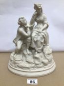 A LARGE VICTORIAN PARIAN PORCELAIN GROUP OF TWO SEATED FIGURES, 29CM A/F