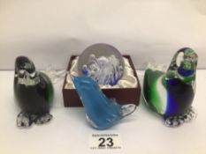 FOUR GLASS PAPERWEIGHTS, THREE OF WHICH ARE IN ANIMAL FORMS, NO STAMPS TO BASE