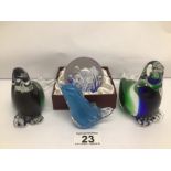 FOUR GLASS PAPERWEIGHTS, THREE OF WHICH ARE IN ANIMAL FORMS, NO STAMPS TO BASE