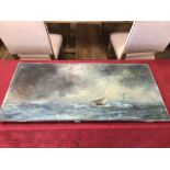 A SIGNED PAINTING ON WOOD OF SAILING BOAT AT SEA, 102 X 50CM