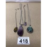 FOUR VINTAGE SILVER/WHITE METAL NECKLACES WITH PENDANTS INCLUDING AMETHYST