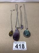 FOUR VINTAGE SILVER/WHITE METAL NECKLACES WITH PENDANTS INCLUDING AMETHYST