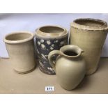 FOUR VINTAGE PIECES OF POTTERY INCLUDES THREE POTS AND ONE POURING JUG, LARGEST 27CM