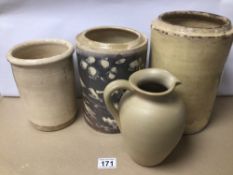 FOUR VINTAGE PIECES OF POTTERY INCLUDES THREE POTS AND ONE POURING JUG, LARGEST 27CM