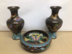 A THREE PIECE VINTAGE CHINESE CLOISONNE AND ENAMEL DRAGON BOWLS AND VASES ONE WITH CHARACTER MARKS