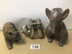 THREE MIXED ANIMAL FIGURE, WOODEN CARVED BEAR POLISHED METAL BEAR CANDLESTICK AND A MEXICAN