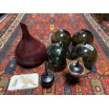 FOUR GREEN GLASS FISHING FLOATS WITH MIXED WOODEN ITEMS