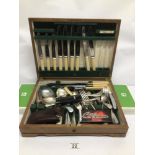 A VINTAGE CUTLERY CANTEEN BOX INCLUDES STAINLESS STEEL AND SILVERPLATE RODGERS FLATWARE AND BOXED