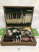 A VINTAGE CUTLERY CANTEEN BOX INCLUDES STAINLESS STEEL AND SILVERPLATE RODGERS FLATWARE AND BOXED