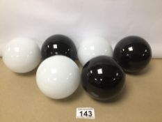 SIX DECORATIVE GLASS BALLS THREE BLACK THREE WHITE, 9CM DIAMETER