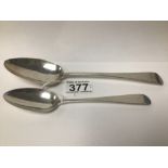 A GEORGE III HALLMARKED SILVER TABLESPOON, 22CM. TOGETHER WITH A GEORGE III SCOTTISH HALLMARKED