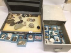 A COLLECTION OF SEMI-PRECIOUS STONES/MINERALS IN A DRAWER AND CASE INCLUDES QUARTZ, CRYSTALS,