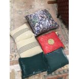 FIVE CUSHIONS, LINUM X 2, TELIER IN THE ATTIC (LIBERTY'S OF LONDON MATERIAL) ORIENTAL SILK AND TWO