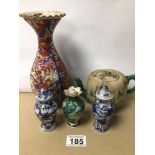 MIXED CHINESE PORCELAIN VASES WITH TEAPOT, LARGEST VASE 22CM WITH A CLOISONNE LIDDED VASE, 9CM