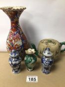 MIXED CHINESE PORCELAIN VASES WITH TEAPOT, LARGEST VASE 22CM WITH A CLOISONNE LIDDED VASE, 9CM