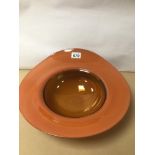 A LARGE ORANGE STUDIO GLASS BOWL SIGNED STEWART HEARN LONDON GLASSWORKS, 36CM DIAMETER