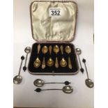 A SET OF SIX HM SILVER COFFEE SPOONS WITH CASED SET OF SIX GILT METAL EXAMPLES 40g