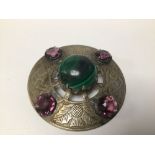 A VINTAGE SILVER PLATED PLAID BROOCH WITH PASTE AND MALACHITE STONES