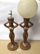 A PAIR OF GILDED METAL FEMALE FIGURES AS LAMPS, 53CM, ONE SHADE MISSING