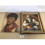 TWO OIL ON CANVAS PAINTINGS ONE FRAMED AND SIGNED IN RUSSIAN OF A GRANDFATHER PLAYING THE BALALAIKA.