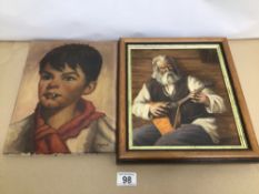 TWO OIL ON CANVAS PAINTINGS ONE FRAMED AND SIGNED IN RUSSIAN OF A GRANDFATHER PLAYING THE BALALAIKA.