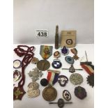 MIXED ITEMS INCLUDES ENAMEL BADGES, MEDALS AND A BULLET