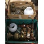 A QUANTITY OF BRASS OIL LAMPS AND WOODEN LAMPS