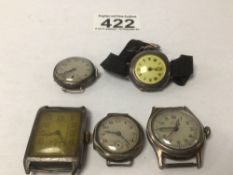 FIVE SILVER/WHITE METAL WATCHES