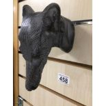 A METAL CAST OF A DOG (WHIPPET) WALL MOUNTS, 13CM