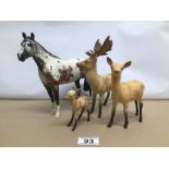 A SMALL COLLECTION OF FOUR BESWICK ANIMALS INCLUDES A SET OF THREE DEERS AND A HORSE ALL A/F,