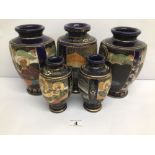 FIVE PIECES OF JAPANESE POLYCHROME VASES WITH SOME CHARACTER MARKS TO BASE, TALLEST IS APPROX 22CM