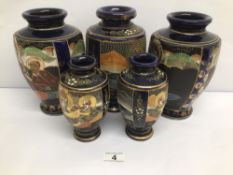 FIVE PIECES OF JAPANESE POLYCHROME VASES WITH SOME CHARACTER MARKS TO BASE, TALLEST IS APPROX 22CM