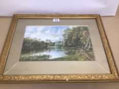 A 19TH CENTURY GILDED FRAMED AND GLAZED WATERCOLOUR ON CANVAS OF A RIVER VIEW WITH CASTLE '