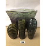 FOUR PIECES OF RIBBED ART GLASS, LARGEST 26CM