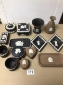 A PART SET COLLECTION OF TWO SEPERATE EARLY VINTAGE WEDGWOOD JASPERWARE, ONE EBONY OF INTERIOR STYLE