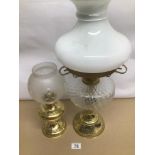 TWO VINTAGE BRASS OIL LAMPS ONE WEIGHTED LARGEST IS APPROX 57CM