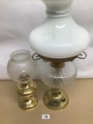 TWO VINTAGE BRASS OIL LAMPS ONE WEIGHTED LARGEST IS APPROX 57CM