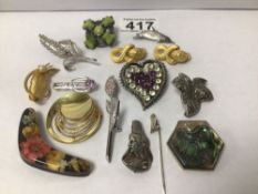 MIXED VINTAGE BROOCHES, SILVER, MIRACILE AND MORE, WITH A PAIR OF VINTAGE GIVENCHY CLIP ON EARRINGS