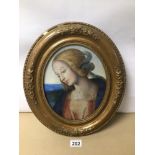 A 19TH CENTURY WATERCOLOUR COPY OF MADONNA FRAMED AND GLAZED, 39 X 34CM
