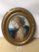 A 19TH CENTURY WATERCOLOUR COPY OF MADONNA FRAMED AND GLAZED, 39 X 34CM