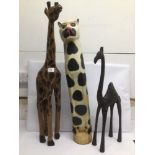 THREE LARGE VINTAGE FIGURES OF ANIMALS TWO OF WHICH ARE OF WOOD (GIRAFFE AND LEOPARD) ONE METAL (