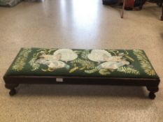 A TAPESTRY TOPPED LARGE FOOTSTOOL 91 X 18 X 32CM