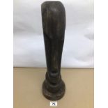 A VINTAGE WOOD CARVING CANDLESTICK STYLISED AS A MOAI EASTER ISLAND HEAD APPROX 79CM