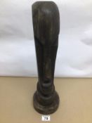 A VINTAGE WOOD CARVING CANDLESTICK STYLISED AS A MOAI EASTER ISLAND HEAD APPROX 79CM