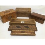FOUR VINTAGE WOODEN BOXES SOME WITH DECORATIVE INLAY TOGETHER WITH TWO VINTAGE WOODEN CRIBBAGE