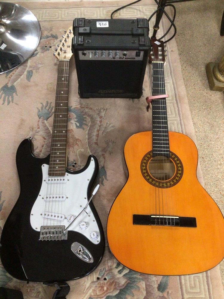 AN BLACK AND WHITE ELEVATION ELECTRIC GUITAR WITH 10 WATT AMP WITH A STAGG ACOUSTIC GUITAR