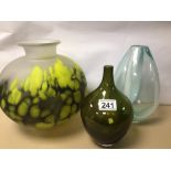 THREE PIECES OF ART GLASS, INCLUDES BOTTLE VASE, LARGEST 27CM