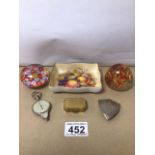 MIXED ITEMS INCLUDES ANYSLEY HAND PAINTED PIN DISH TWO GLASS PAPERWEIGHTS AND MORE