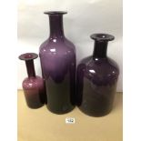 THREE GLASS HOLMEGAARD VASES (PURPLE), LARGEST 42CM